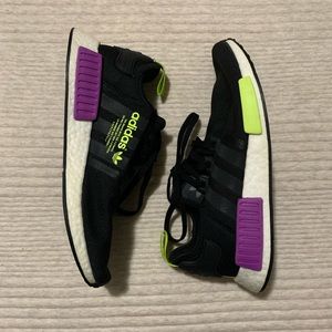 Black Adidas NMD Sneakers with Neon Purple and Green Detailing